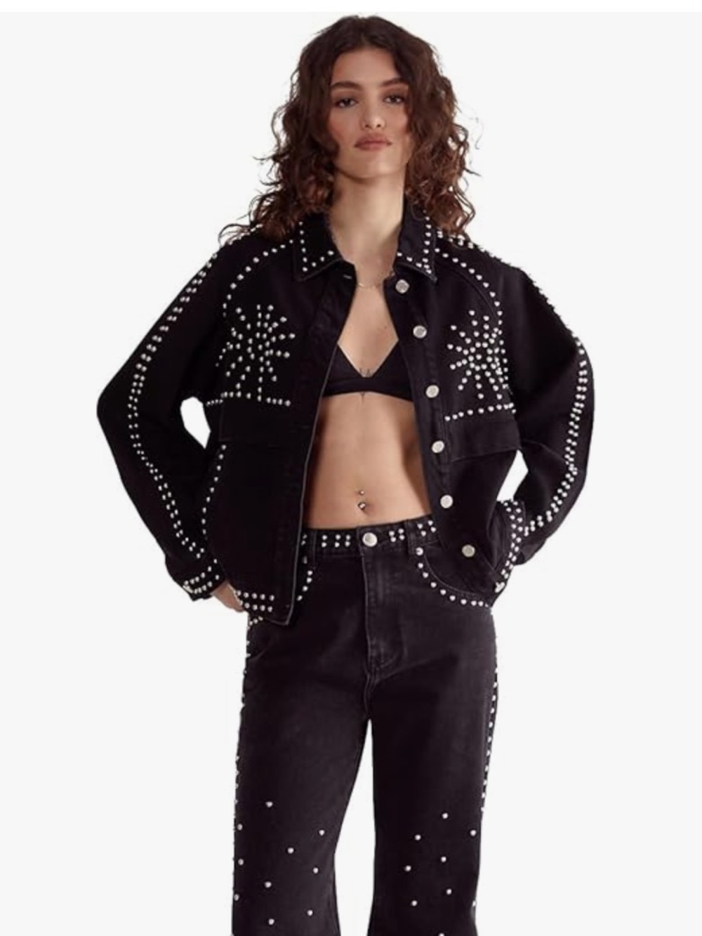 NWT Nasty Gal Western Studded Black Denim Jacket Silver Studs Sz 12